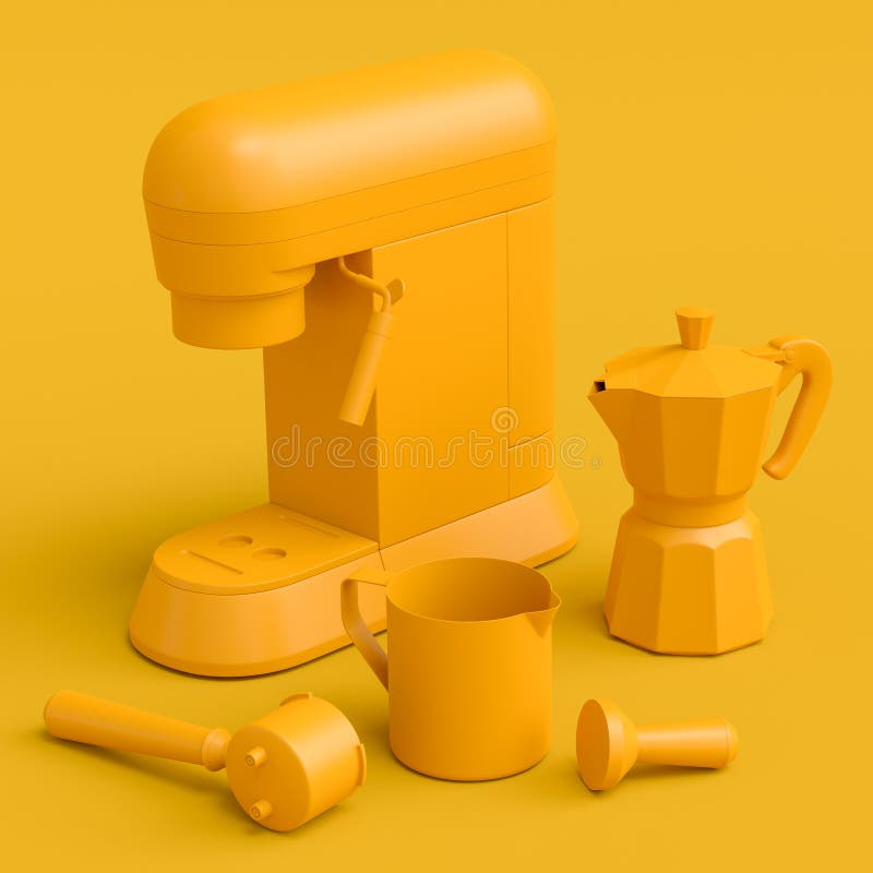 Espresso coffee machine with horn, kettle and geyser coffee maker for preparing breakfast on yellow monochrome background. 3d render of coffee pot for making latte coffee. Espresso coffee machine with horn, kettle and geyser coffee maker for preparing breakfast on yellow monochrome background. 3d render of coffee pot for making latte coffee