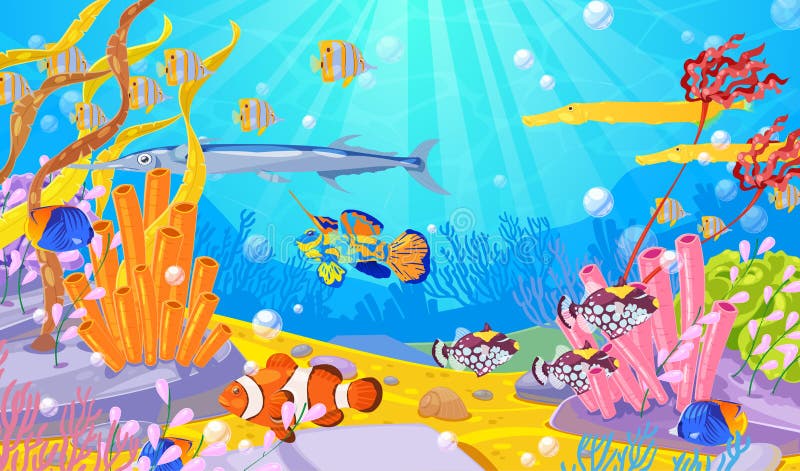 Espèce marine sous-marine, illustration de bande dessinée de vecteur Fond marin d'océan ou avec les poissons colorés, les récifs illustration de vecteur Espèce marine sous-marine, illustration de bande dessinée de vecteur Fond marin d'océan ou avec les poissons colorés, les récifs illustration de vecteur