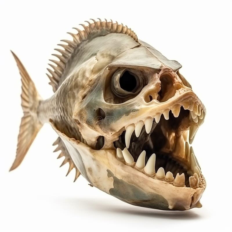 Skeleton of a scary predatory piranha fish with big teeth isolated on white close-up, dangerous animal. Skeleton of a scary predatory piranha fish with big teeth isolated on white close-up, dangerous animal