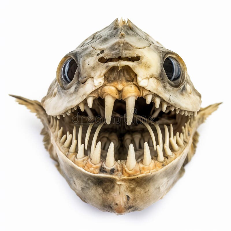 Skeleton of a scary predatory piranha fish with big teeth isolated on white close-up, dangerous animal. Skeleton of a scary predatory piranha fish with big teeth isolated on white close-up, dangerous animal.