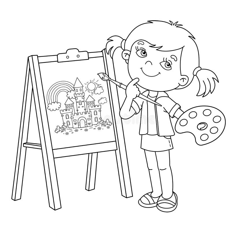 Esquema De Página De Color De La Niña De Dibujos Animados Con Pincel Y  Pinturas. Pequeño Artista En El Castillo De Hadas De Dibujo Ilustración del  Vector - Ilustración de kindergarten, cabritos: