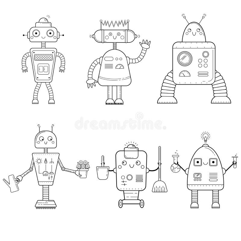 Tregua líquido sesión Esquema De Página De Color De Los Robots De Dibujos Animados Conjunto De  Vectores Para Niños Ilustración del Vector - Ilustración de negro,  limpiador: 165068503