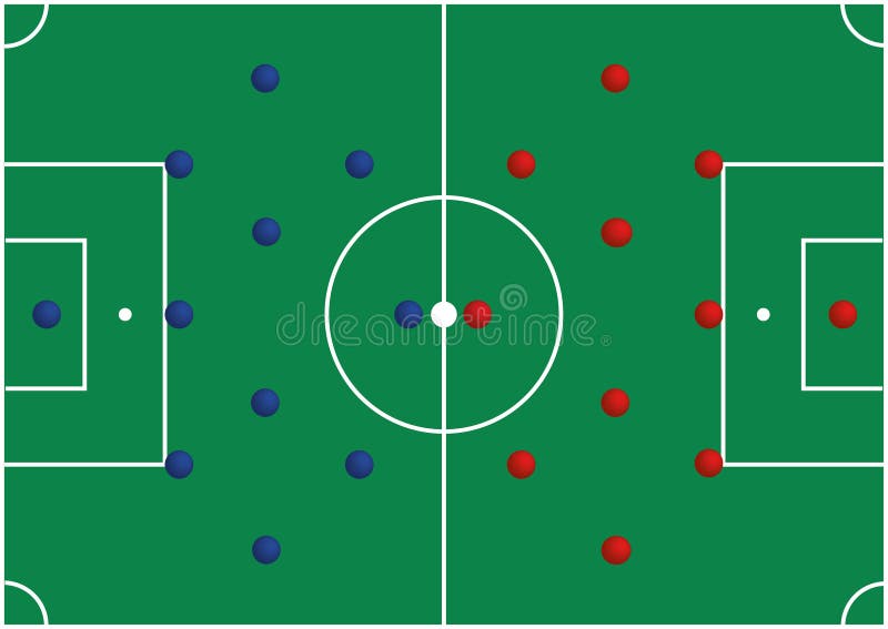 um campo de futebol cibernético azul com um esquema tático da disposição  dos jogadores de dois times de futebol no tabuleiro, organização de um  diagrama de jogo para um treinador da liga