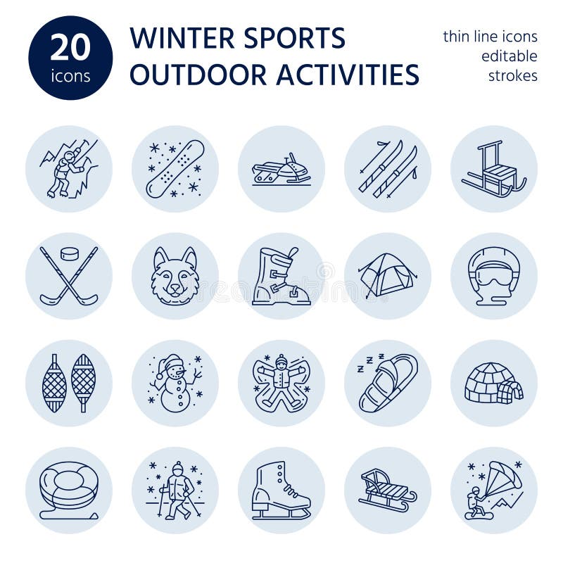 Esqui, snowboard, patins, tubulação, gelo linha ícones do esporte de inverno que kiting, da escalada e o outro ilustração stock Esqui, snowboard, patins, tubulação, gelo linha ícones do esporte de inverno que kiting, da escalada e o outro ilustração stock