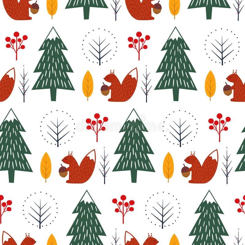 Squirrel in forest seamless pattern on white background. Christmas scandinavian style nature illustration. Cute winter forest with animal design for textile, wallpaper, fabric. Squirrel in forest seamless pattern on white background. Christmas scandinavian style nature illustration. Cute winter forest with animal design for textile, wallpaper, fabric.