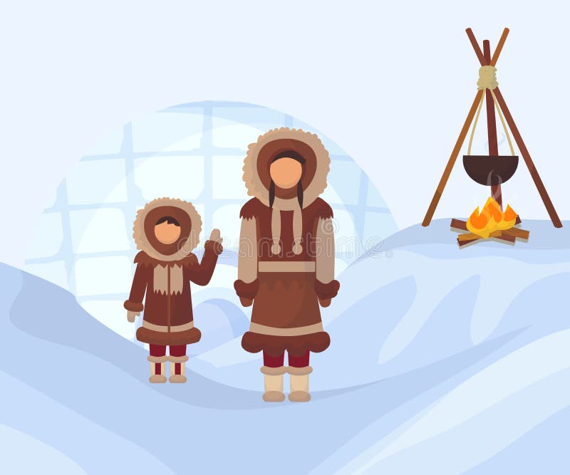 Esquimales En Ropa Nacional Mujer Y Niño En Trajes Tradicionales Del Polo  Norte Gente De Alaska Con La Caldera En El Fuego Ilustración del Vector -  Ilustración de esquimales, hembra: 150315607