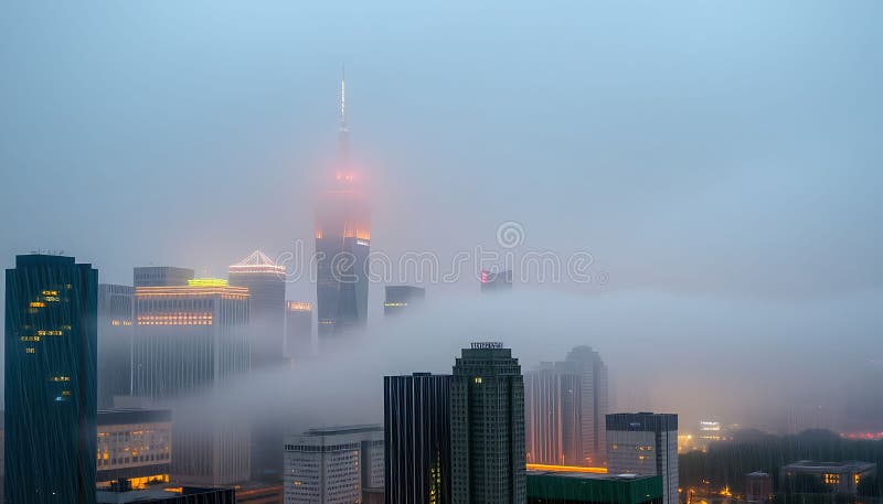 Esquina de la ciudad en niebla misteriosa ciudad y paisaje urbano Foto IA Generativa stock de ilustración