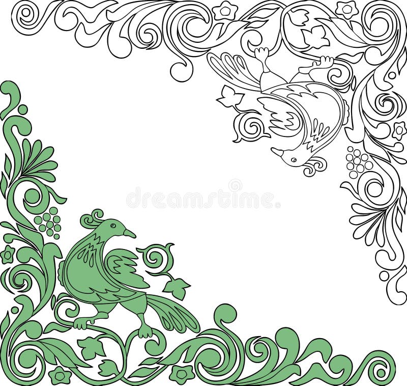 Esquinas florales decorativas con el p?jaro fabuloso stock de ilustración Esquinas florales decorativas con el p?jaro fabuloso stock de ilustración