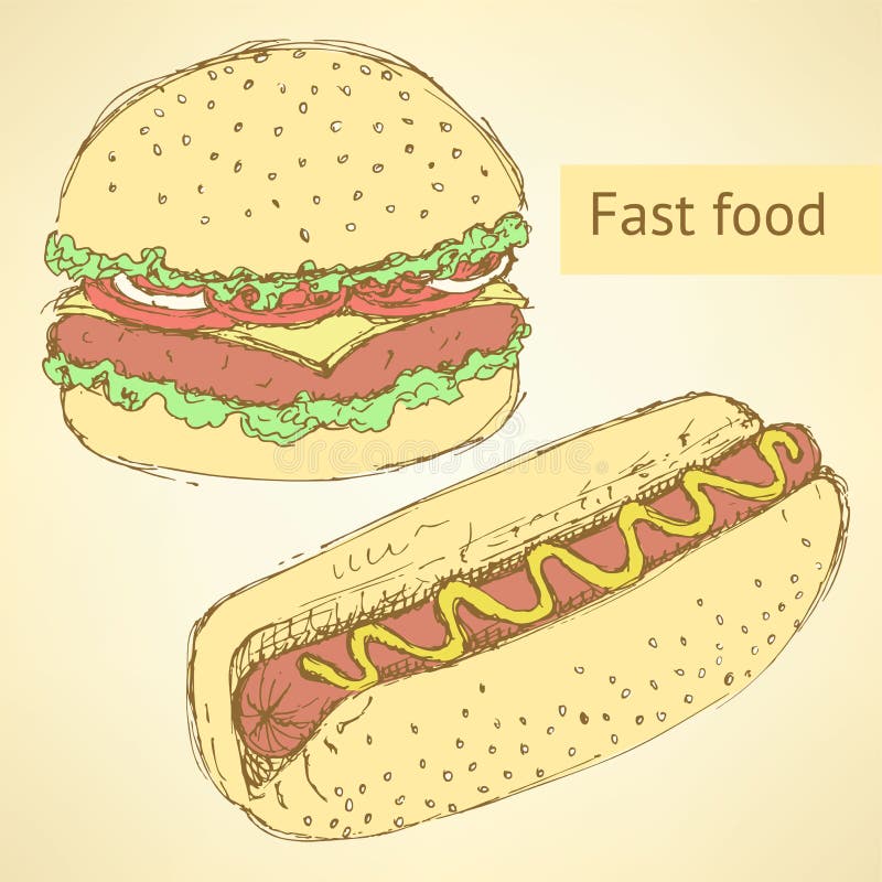 Esquissez le hot-dog et l'hamburger dans le style de vintage illustration libre de droits Esquissez le hot-dog et l'hamburger dans le style de vintage illustration libre de droits
