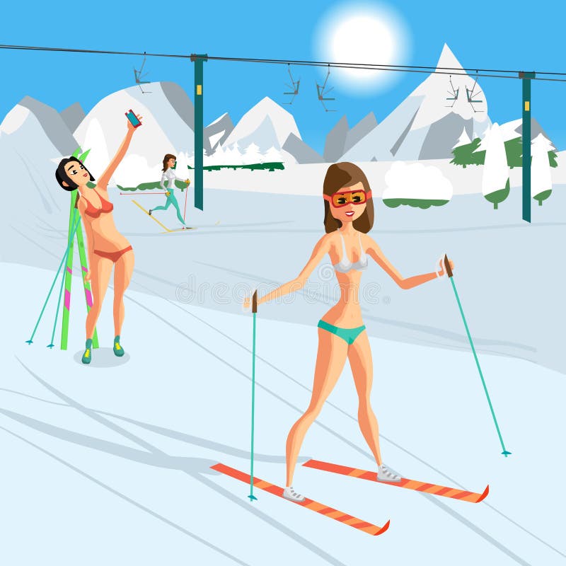 Esquí de la mujer joven en un bikini en el extremo del centro turístico s del invierno stock de ilustración Esquí de la mujer joven en un bikini en el extremo del centro turístico s del invierno stock de ilustración