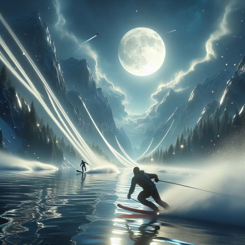 Water Skiing A scene where skiers glide effortlessly across the surface of the water, leaving trails of sparkling droplets behind them, photorealisti. Water Skiing A scene where skiers glide effortlessly across the surface of the water, leaving trails of sparkling droplets behind them, photorealisti