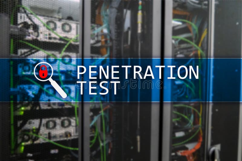 Penetration test. Cybersecurity and data protection. Hacker attack prevention. Futuristic  server room on background. Penetration test. Cybersecurity and data protection. Hacker attack prevention. Futuristic  server room on background