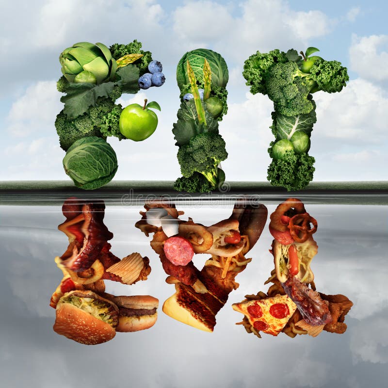 Eating lifestyle change concept fat or fit as a group healthy green fruits and vegetables reflecting greasy unhealthy food as an icon for diabetes or diabetic diets with 3D illustration elements. Eating lifestyle change concept fat or fit as a group healthy green fruits and vegetables reflecting greasy unhealthy food as an icon for diabetes or diabetic diets with 3D illustration elements.