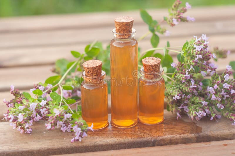 Essence of Lavender Flowers on Table in Beautiful Glass Bottle Stock