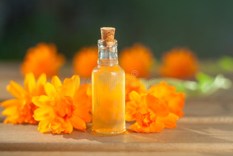 Essence of Lavender Flowers on Table in Beautiful Glass Bottle Stock