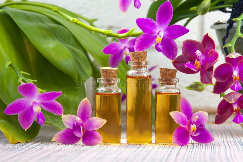 Essence of Orchid Flowers on Table in Beautiful Glass Jar Stock Image