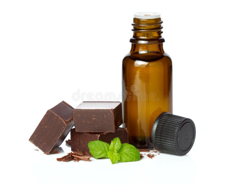 Essential Oil Essential and Chocolate with Mint Leaves Isolated Stock