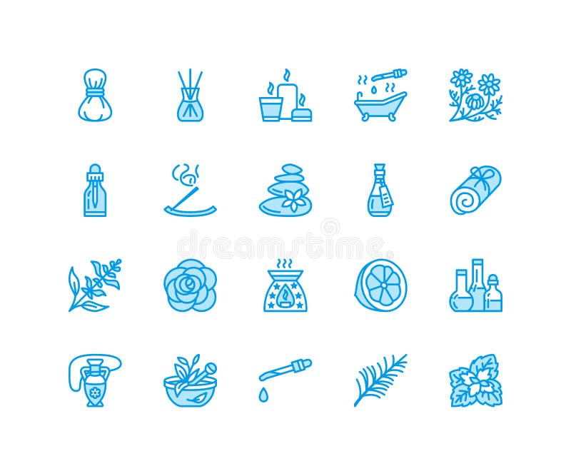 Essential oils aromatherapy vector flat line icons set. Elements - aroma therapy diffuser, oil burner, candles, incense sticks. Linear pictogram editable strokes for spa salon. Pixel perfect 64x64. Pictogram oils vectors