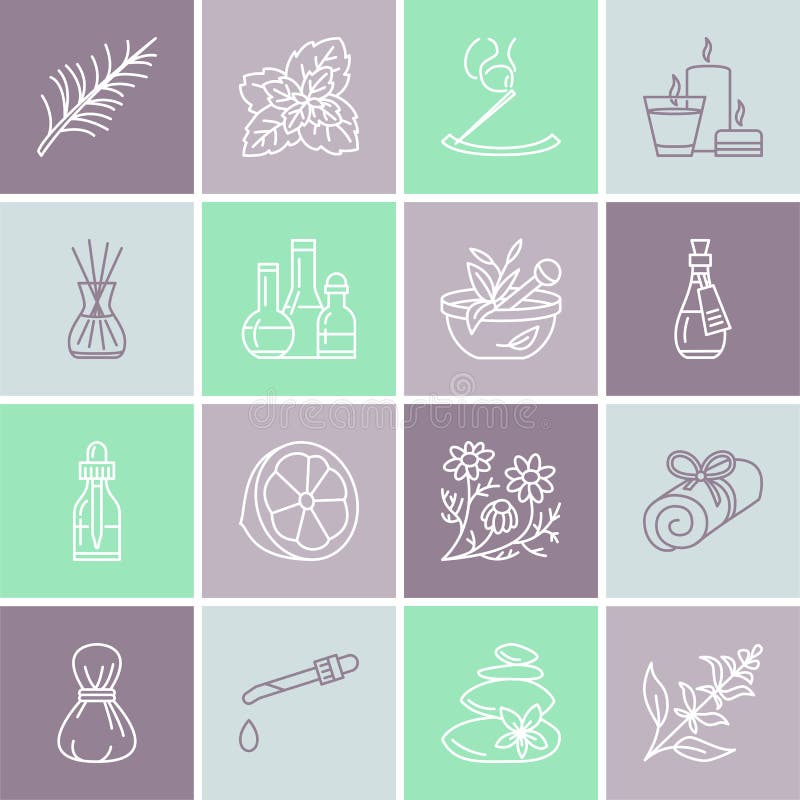 Essential oils aromatherapy vector line icons set. Elements - aroma therapy diffuser, oil burner, candles, incense sticks. Linear pictogram with editable strokes for spa salon. Pictogram oils vectors