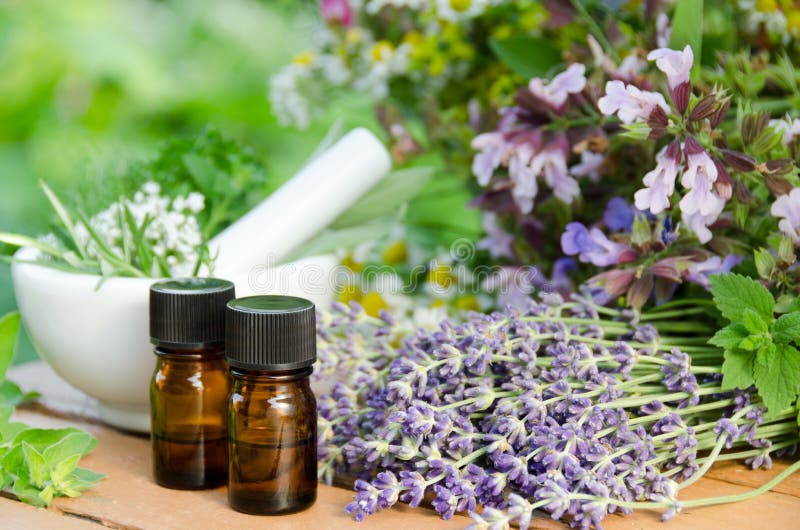 Essential oils with herbal flowers royalty free stock image Essential oils with herbal flowers royalty free stock image