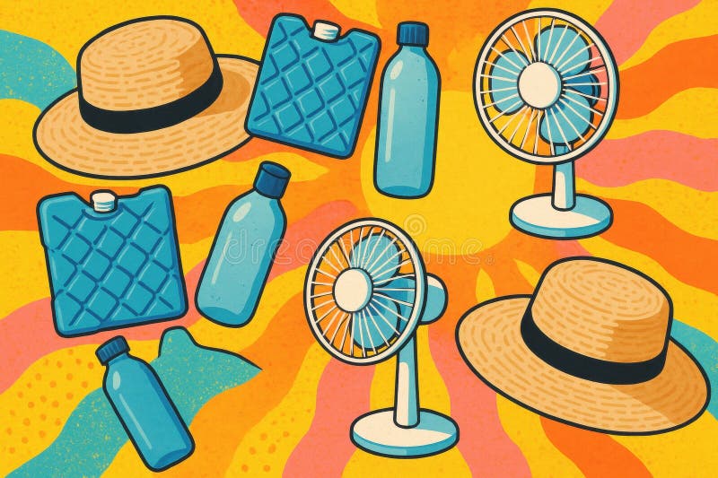 Essentials zur Überlebensrate von Hitzewellen : Cool bleiben mit Fans Hats und Wasserflaschen Illustration stockfoto