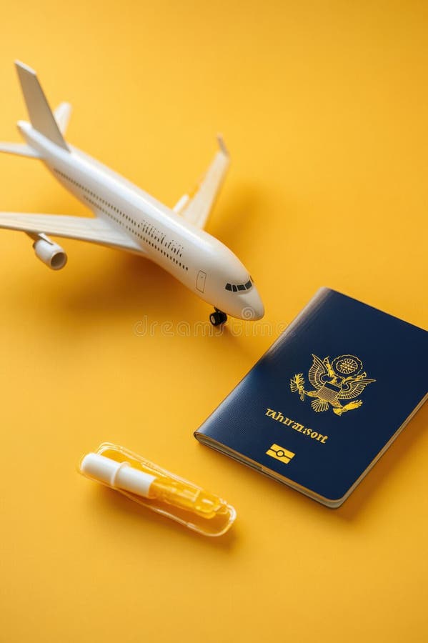 Essentiels de voyage pour un voyage comportant un modèle de passeport d'avion et des articles de voyage sur fond jaune vif photo libre de droits