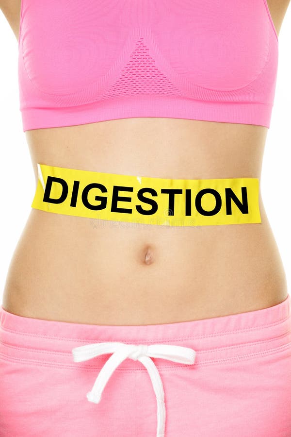 Digestion Concept - Close up Woman Stomach with Digestion Text on Yellow Tape. Isolated on White Background. Digestion Concept - Close up Woman Stomach with Digestion Text on Yellow Tape. Isolated on White Background.