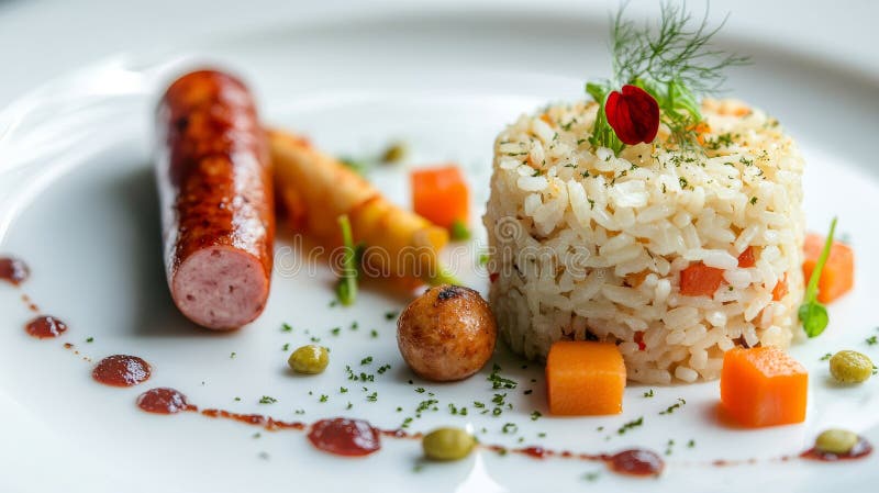 Esta comida gourmet incluye una selección de verduras variadas, arroz y bollos caramelizados, todos dispuestos en un plato. generado por IA