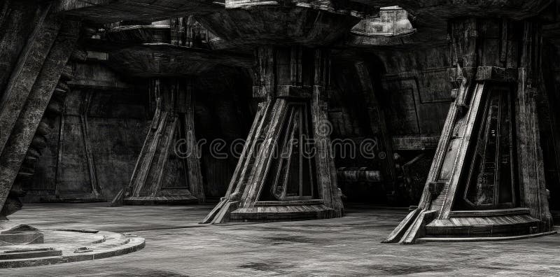 Esta representación 3D representa un depósito o bunker subterráneo oscuro y vacío con un tema futurista de la ciencia ilustración del vector