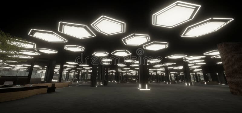 Esta representación 3D representa un garaje con temática de cifi futurista y un estudio de hangar situado en una hexagonal moderna stock de ilustración