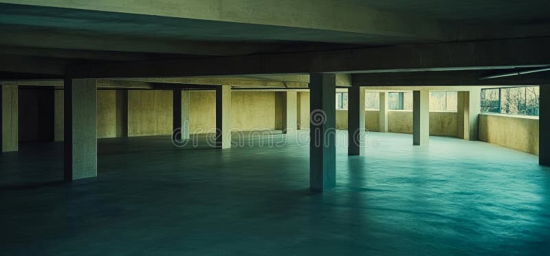 Esta representación en 3D representa un almacén de neones y una sala de exposición subterránea con un pasillo de túnel y una zona stock de ilustración