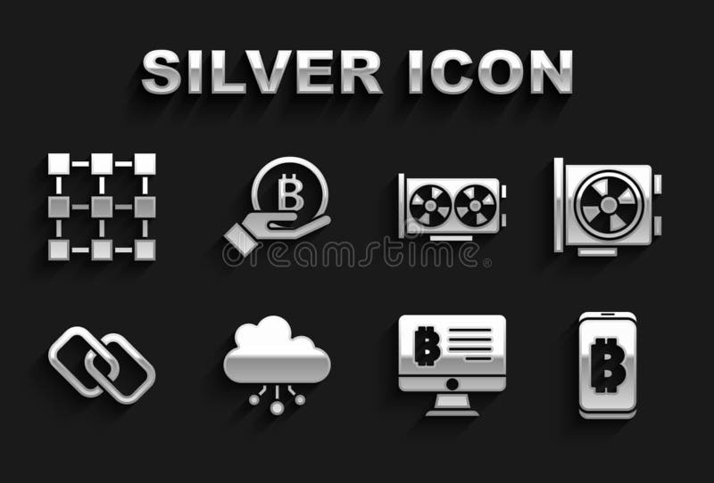 Establecer bitcoin de minería de datos en nube criptodivisa tarjeta gráfica de minería de datos de la cadena de eslabón del monito stock de ilustración