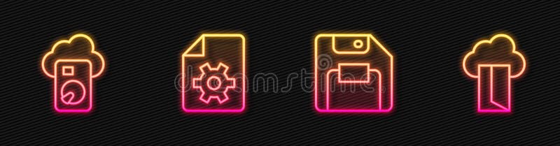 Establecer la configuración del documento de la base de datos de la nube del disco de disquete de línea y. Icono de neón brillant ilustración del vector