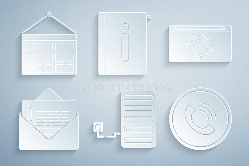 Establecer la configuración del servidor sobre la llamada de teléfono del usuario manual y el icono del calendario. vector stock de ilustración