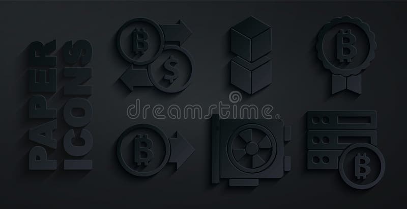 Establecer la tecnología de bloqueo de bitcoin del servidor de tarjetas gráficas de vídeo y el icono de intercambio de criptodivis stock de ilustración