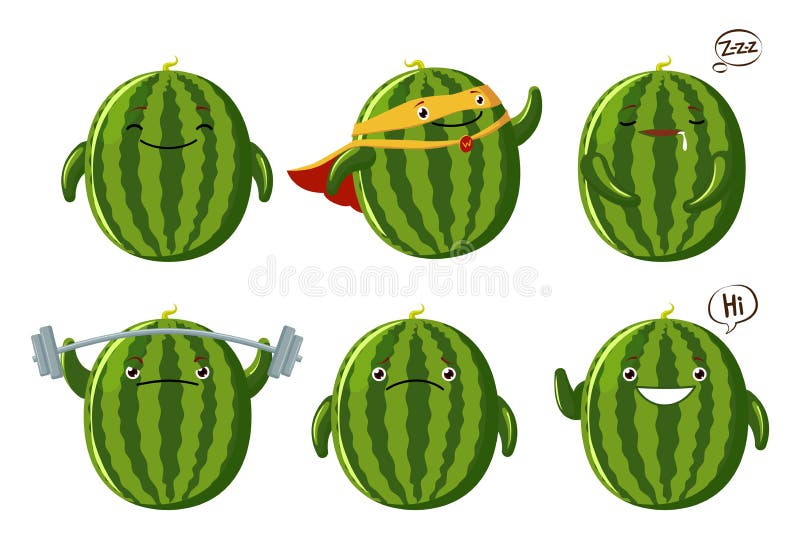 Establecer personajes adorables de la sandía Caracteres vectores de frutas kawaii aislados en fondo blanco stock de ilustración