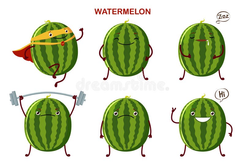 Establecer personajes adorables de la sandía Caracteres vectores de frutas kawaii aislados en fondo blanco libre illustration