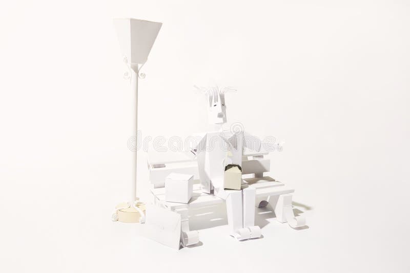Estacione o homem de cena que tem o almoço no banco e a lâmpada cortada do papel ilustração do vetor Estacione o homem de cena que tem o almoço no banco e a lâmpada cortada do papel ilustração do vetor