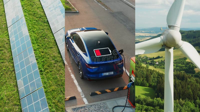 Estaciones de energía solar turbinas eólicas cargadoras de coches eléctricos se fusionan en vídeo-collage almacen de metraje de vídeo