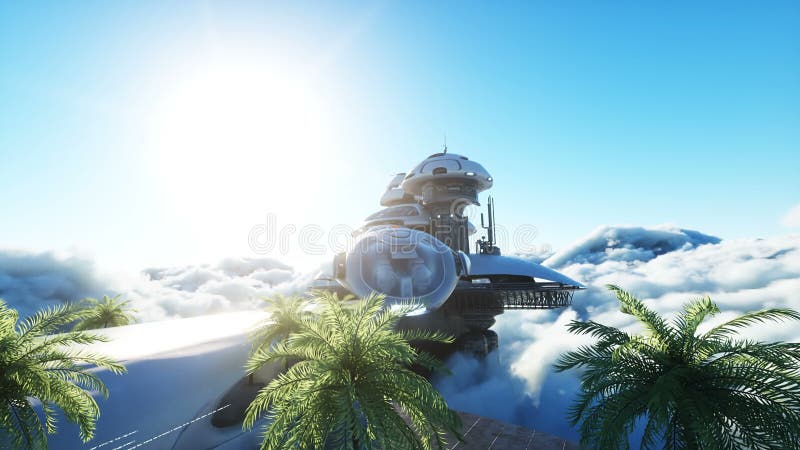 Estación de ciudad futurista en las nubes. naves futuristas voladoras. concepto de futuro. animación realista 4k.