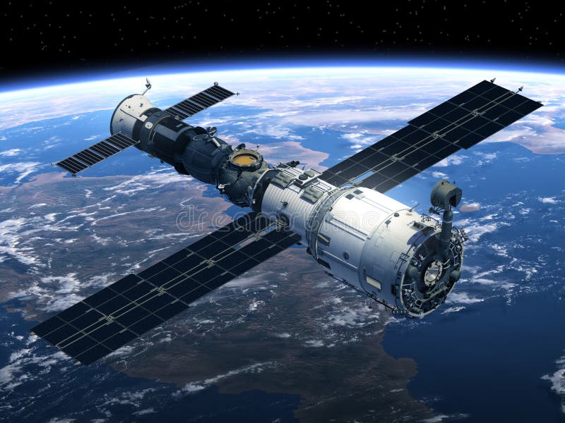 Estación espacial y escena de Spacecraft stock de ilustración