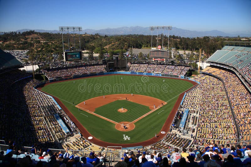 A sunny day baseball game at Dodger Stadium, home of the Los Angeles Dodgers. A sunny day baseball game at Dodger Stadium, home of the Los Angeles Dodgers.