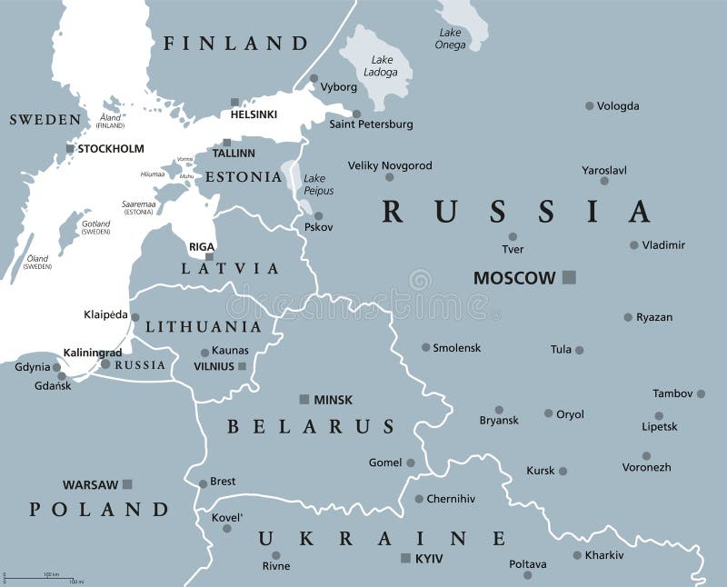 Estados bálticos y mapa político gris de la zona del oblast de kaliningrado ilustración del vector