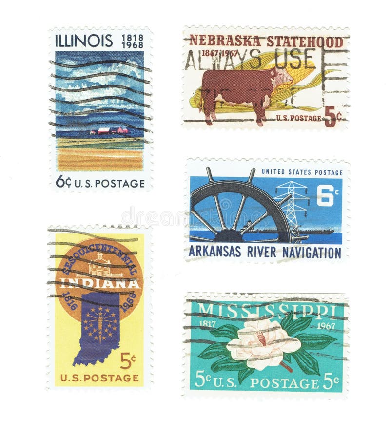 ESTADOS UNIDOS: Selos usados de Illinois, Nebraska Indiana, Arkansas e Mississippi