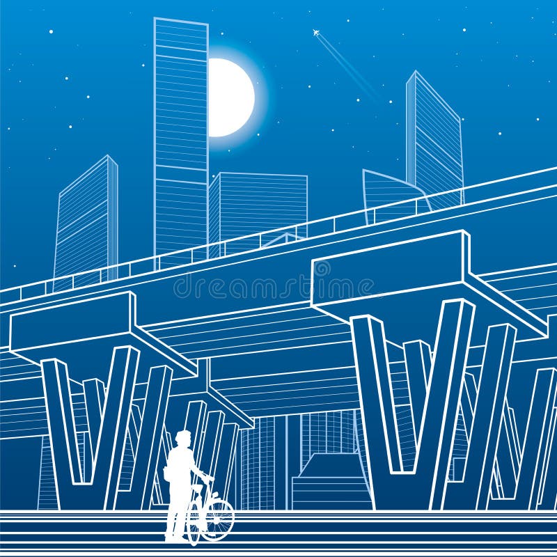 City architecture and infrastructure illustration, automotive overpass, big bridge, urban scene. Night town. White lines on blue b