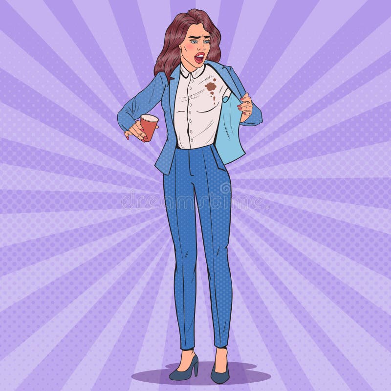 Estallido Art Beautiful Unhappy Business Woman que derrama el café en la camisa Muchacha con las manchas en ella ropa libre illustration Estallido Art Beautiful Unhappy Business Woman que derrama el café en la camisa Muchacha con las manchas en ella ropa libre illustration
