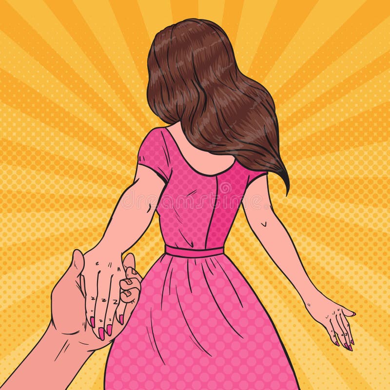 Estallido Art Brunette Woman Holding Hands Sígame concepto del viaje ilustración del vector Estallido Art Brunette Woman Holding Hands Sígame concepto del viaje ilustración del vector