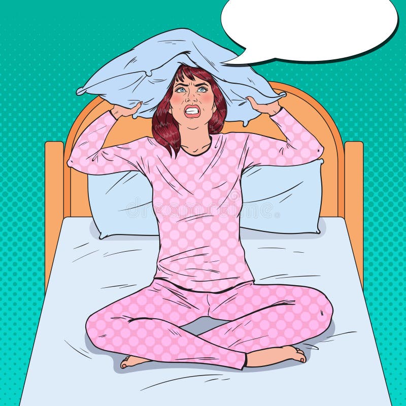 Estallido Art Frustrated Woman Closing Ears con la almohada Situación agotadora de la mañana Muchacha que sufre de insomnio stock de ilustración Estallido Art Frustrated Woman Closing Ears con la almohada Situación agotadora de la mañana Muchacha que sufre de insomnio stock de ilustración