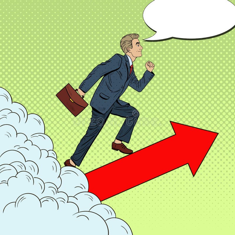 Estallido Art Successful Businessman Walking al top a través de las nubes stock de ilustración Estallido Art Successful Businessman Walking al top a través de las nubes stock de ilustración