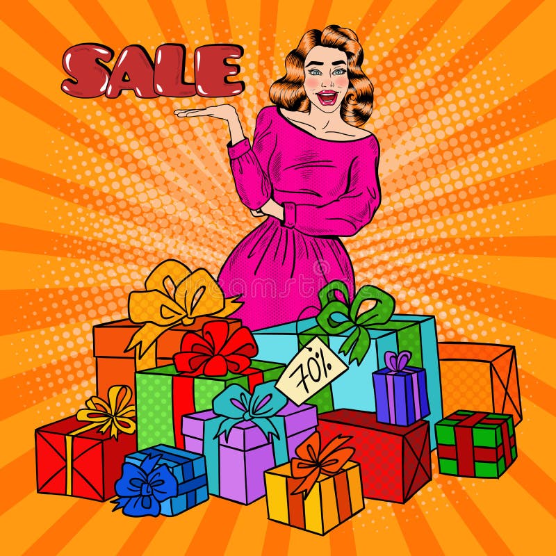Estallido Art Surprised Woman con las cajas de regalo enormes y venta cómica del texto ilustración del vector Estallido Art Surprised Woman con las cajas de regalo enormes y venta cómica del texto ilustración del vector